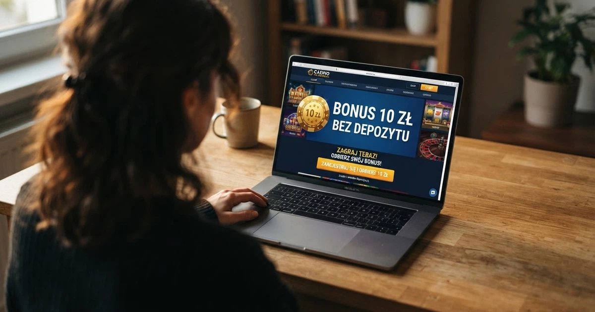 Ekran laptopa z otwartą stroną kasyna online, na pierwszym planie baner z napisem „Bonus 10 zł bez depozytu” i przyciskiem rejestracji
