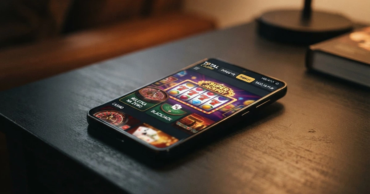 Ekran smartfona z aplikacją Total Casino, widoczne kategorie gier — automaty, ruletka i gry karciane