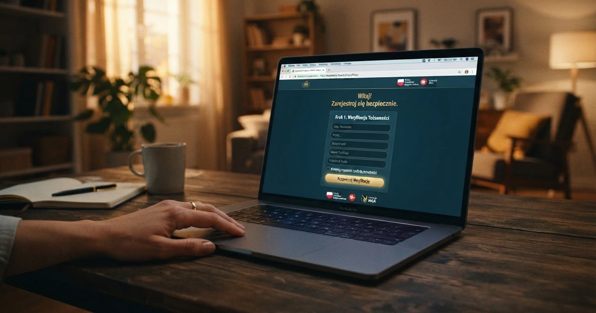 Ekran komputera pokazujący stronę kasyna online z widoczną kłódką SSL, logo instytucji licencyjnej i interfejsem weryfikacji tożsamości