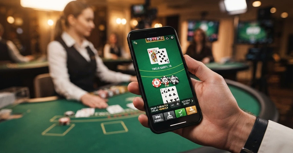 Krupier przy stole do blackjacka na żywo, transmitujący grę w czasie rzeczywistym — widoczne karty, żetony i interfejs gracza na ekranie