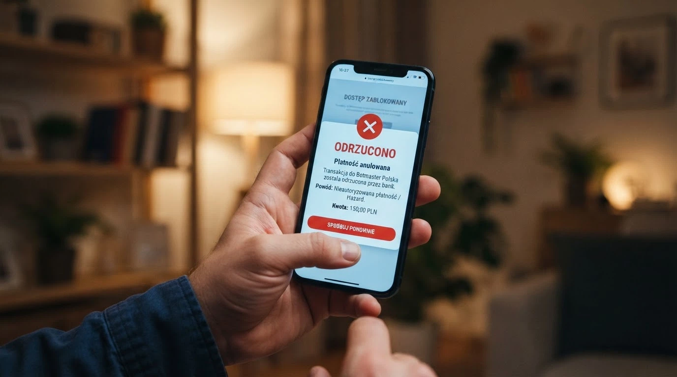 Telefon z otwartą aplikacją BLIK i komunikatem o odrzuceniu transakcji do nielegalnego kasyna — w tle logo kasyna i symbol Rejestru Domen MF