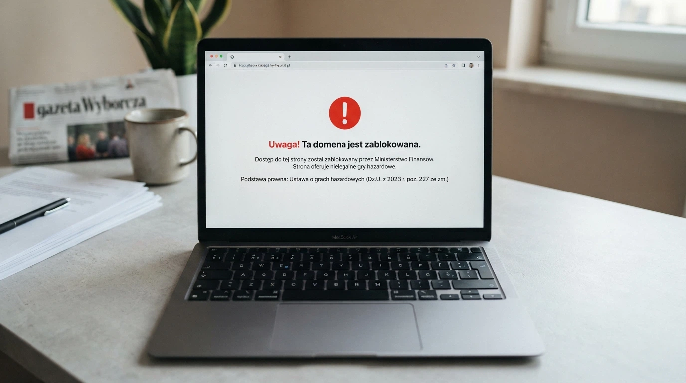 Przeglądarka internetowa wyświetlająca oficjalne ostrzeżenie o zablokowanej domenie hazardowej z komunikatem Ministerstwa Finansów