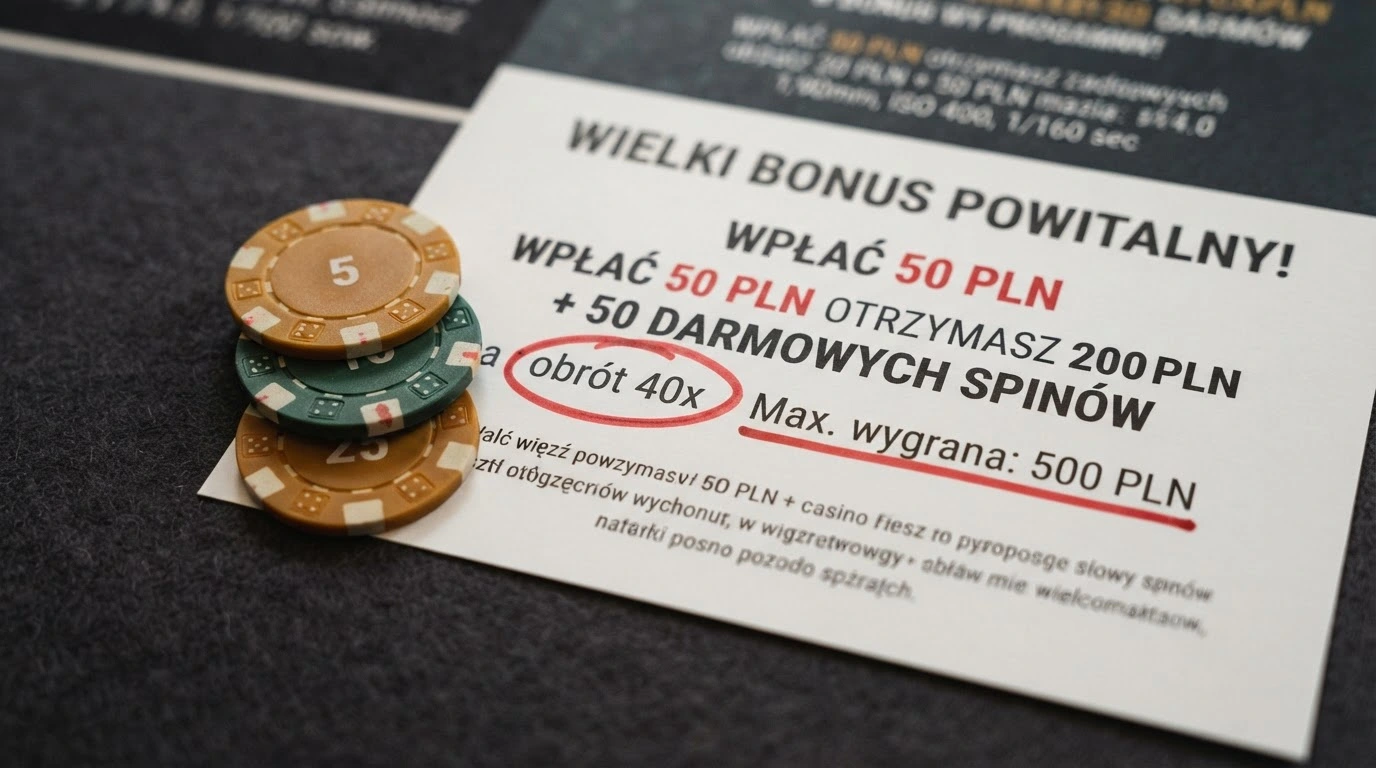Zbliżenie na regulamin promocji kasyna z podkreślonym warunkiem obrotu 40x i limitem maksymalnej wypłaty, obok stos monet 10-złotowych