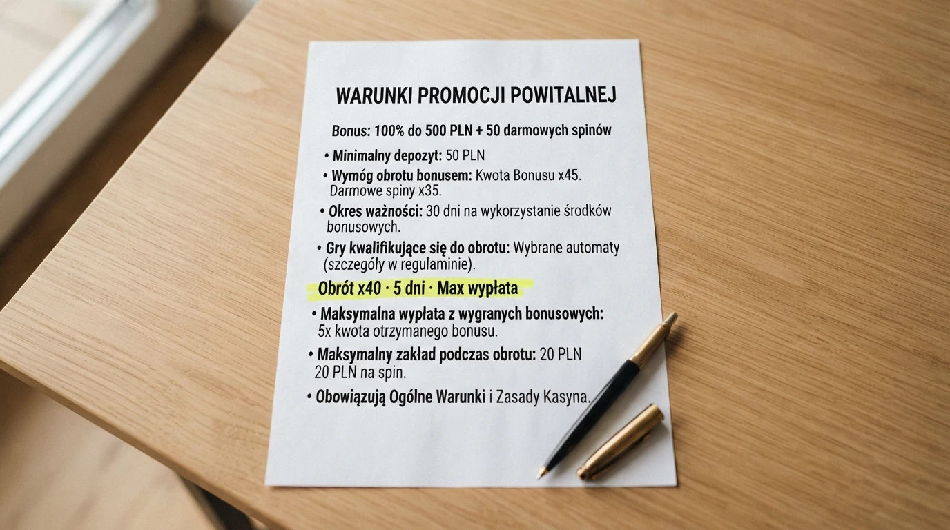 Zbliżenie na regulamin bonusu z zaznaczonymi polami: wymóg obrotu x40, limit czasowy 5 dni, maksymalna wypłata 5x bonusu