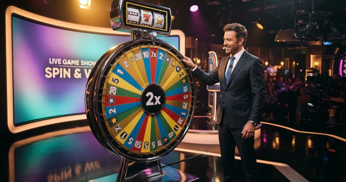 Studio gry Crazy Time z prowadzącym na żywo, kołem fortuny z 54 kolorowymi segmentami i oznaczeniami mnożników