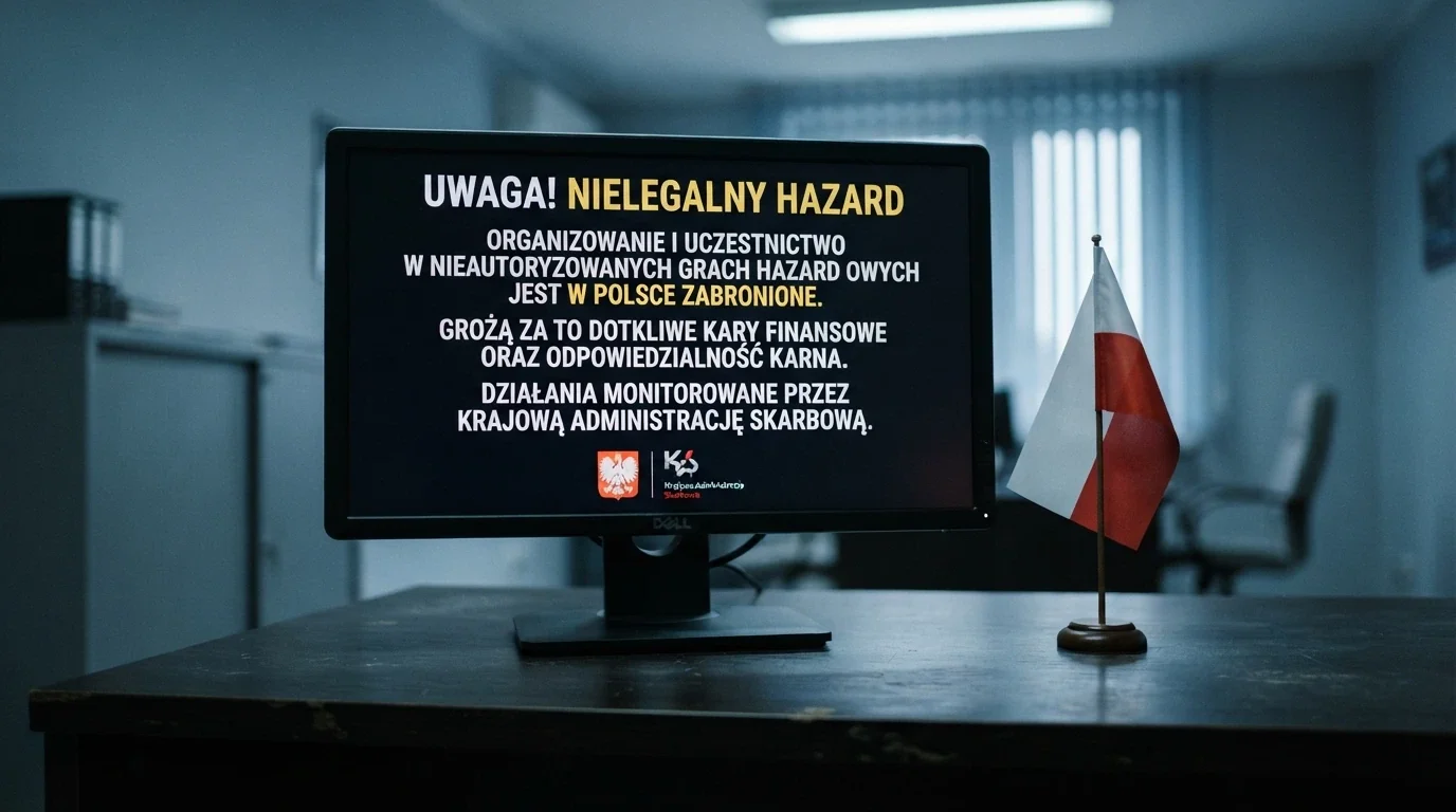 Polska biało-czerwona flaga na tle ekranu z komunikatem ostrzegawczym Ministerstwa Finansów o nielegalnym hazardzie