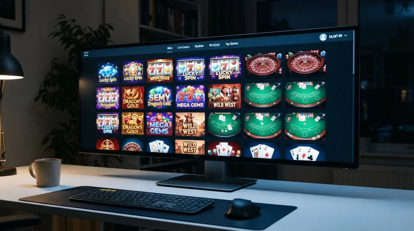 Szeroki widok biblioteki gier kasyna online — sloty, ruletka i blackjack oznaczone jako dostępne za ADA