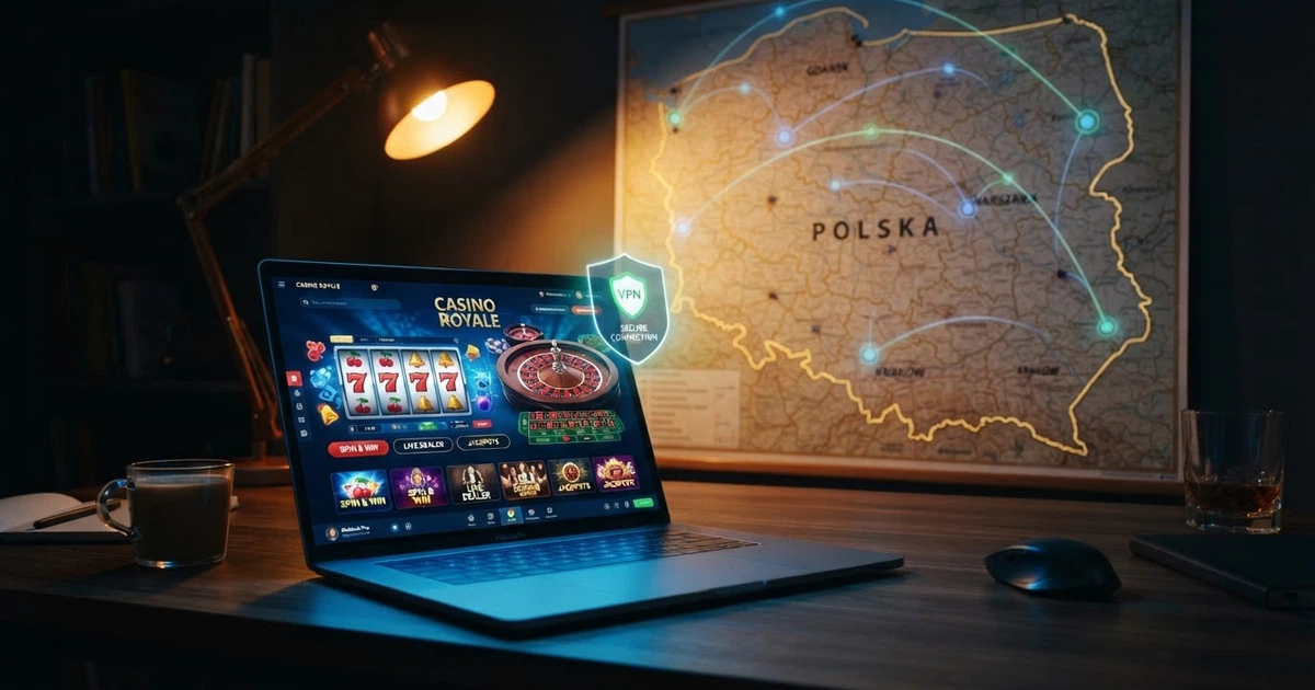 Ekran laptopa z otwartą stroną kasyna online i interfejsem VPN w rogu, mapa Polski na drugim planie