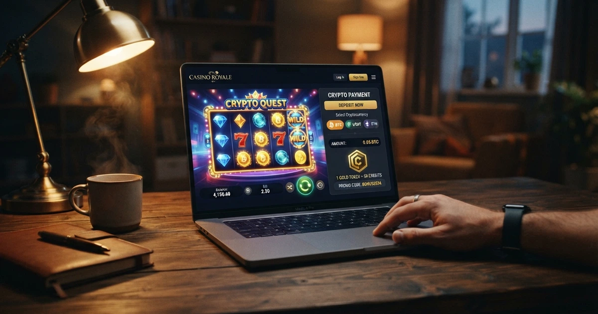 Strona kasyna online z logo Binance Coin, sekcją płatności kryptowalutowych i grami na automatach na ekranie laptopa