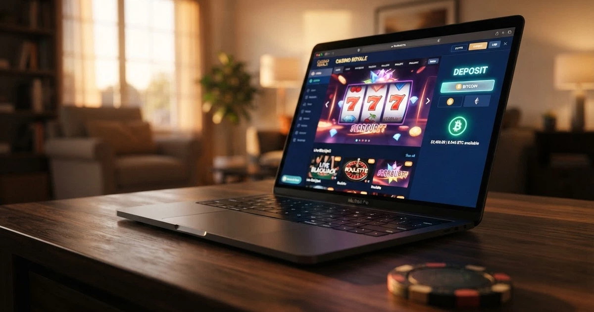 Strona kasyna online z logo Bitcoin Cash BCH na ekranie laptopa, obok widoczny interfejs slotów