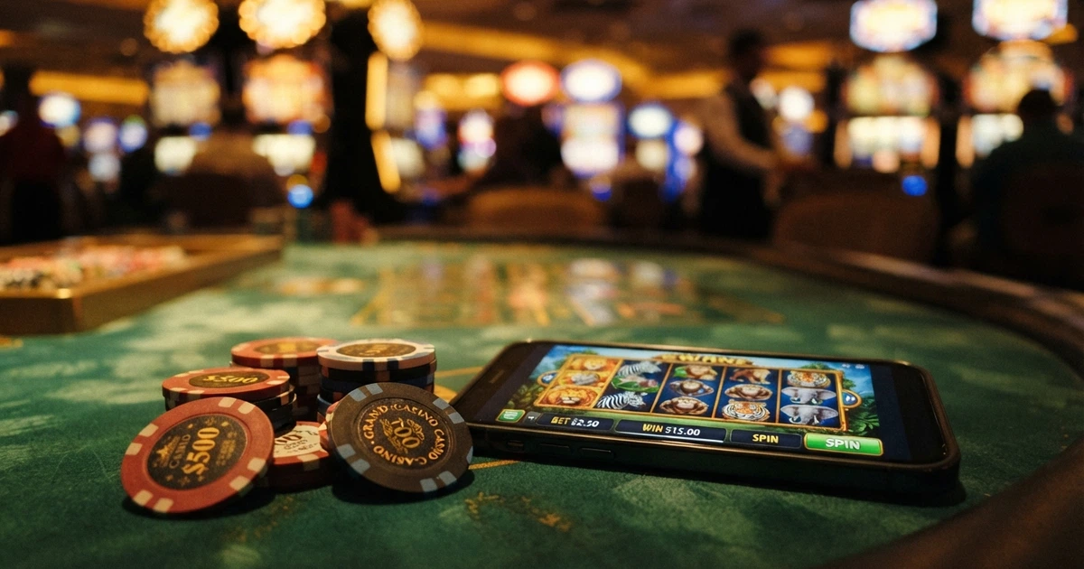 Kolaż: logo Microgaming, fragmenty slotów (Mega Moolah, Immortal Romance) i symbol legalnego kasyna — kontrast między światem gier a rzeczywistością prawną