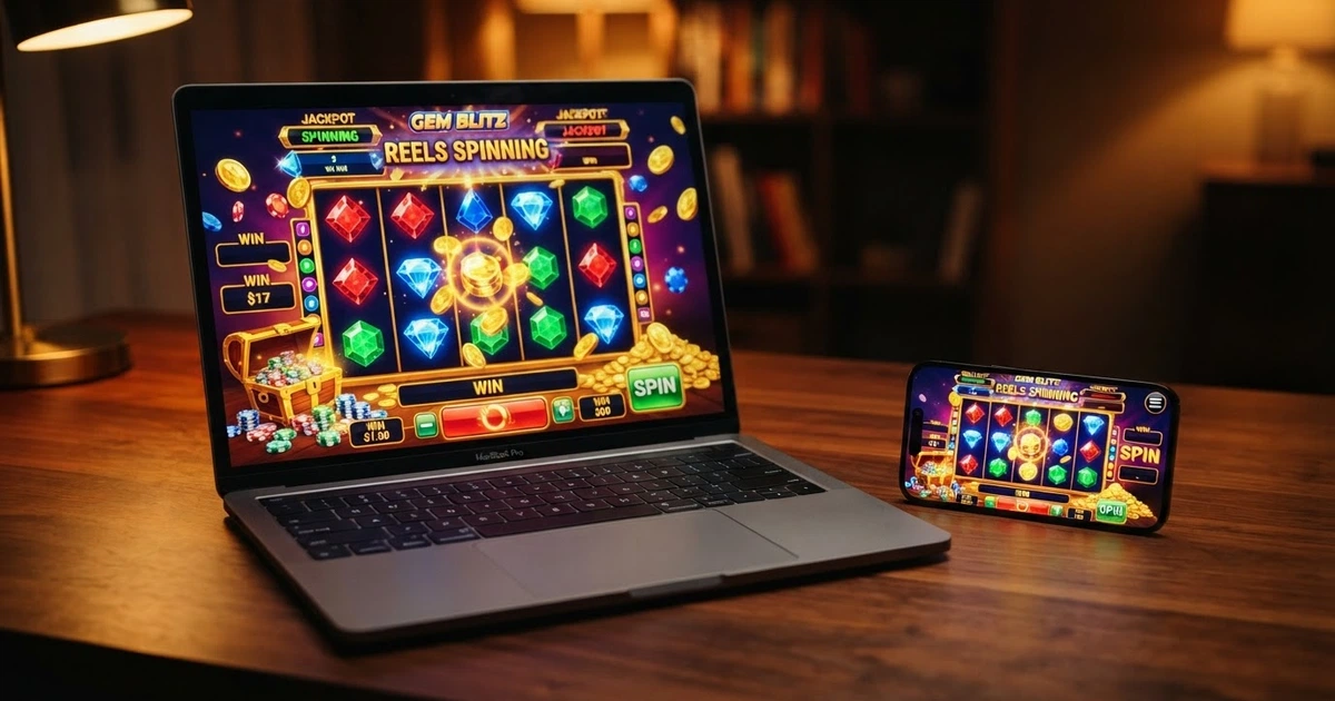 Kolaż najpopularniejszych slotów NetEnt — Starburst, Gonzo's Quest i Mega Fortune — wyświetlonych na ekranie laptopa i smartfona