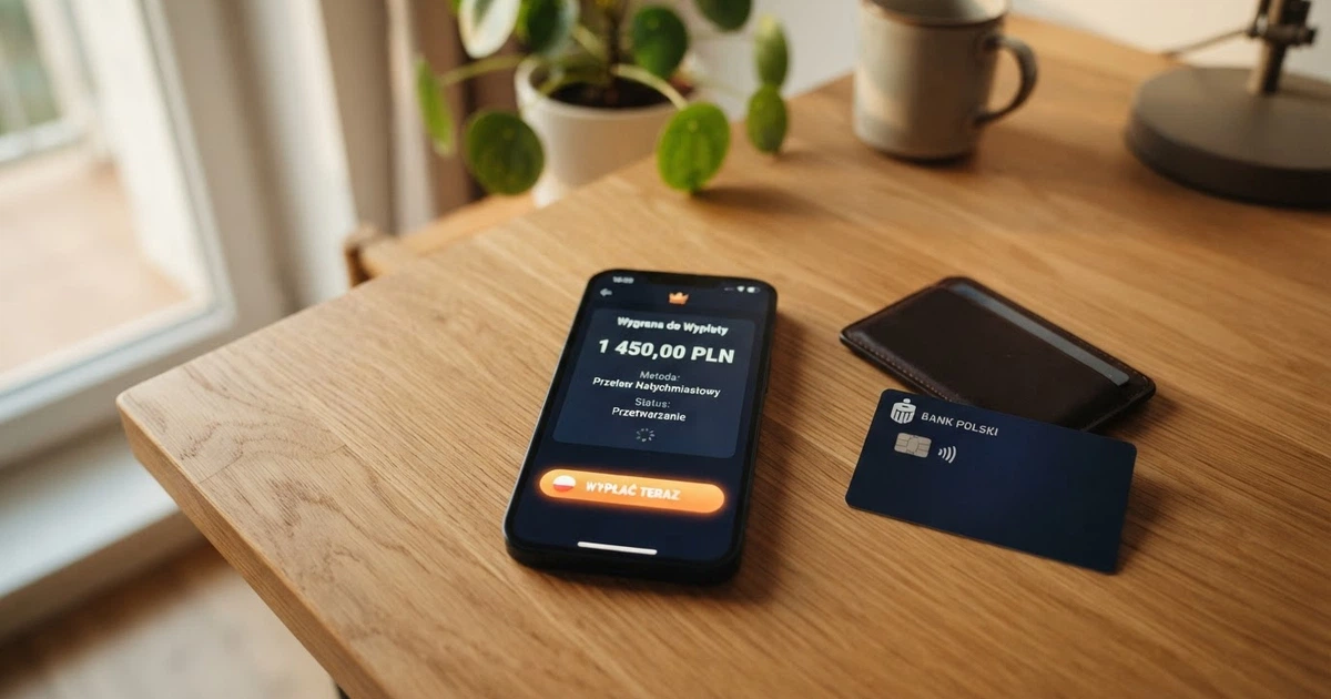 Ekran smartfona pokazujący aplikację kasyna online z przyciskiem „Wypłać” i ikoną oczekującego przelewu, obok portfel i karta płatnicza na biurku