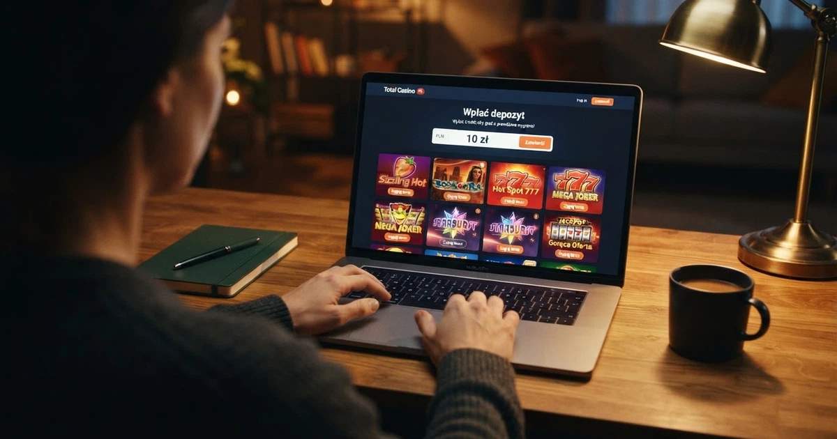 Strona kasyna online z polem wpłaty pokazującym kwotę 10 zł i siatką gier na automatach na ekranie laptopa