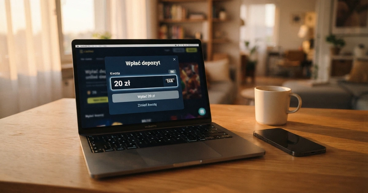 Strona kasyna online z polem wpłaty pokazującym kwotę 20 zł i logo BLIK obok, na ekranie laptopa leżącego na biurku obok telefonu