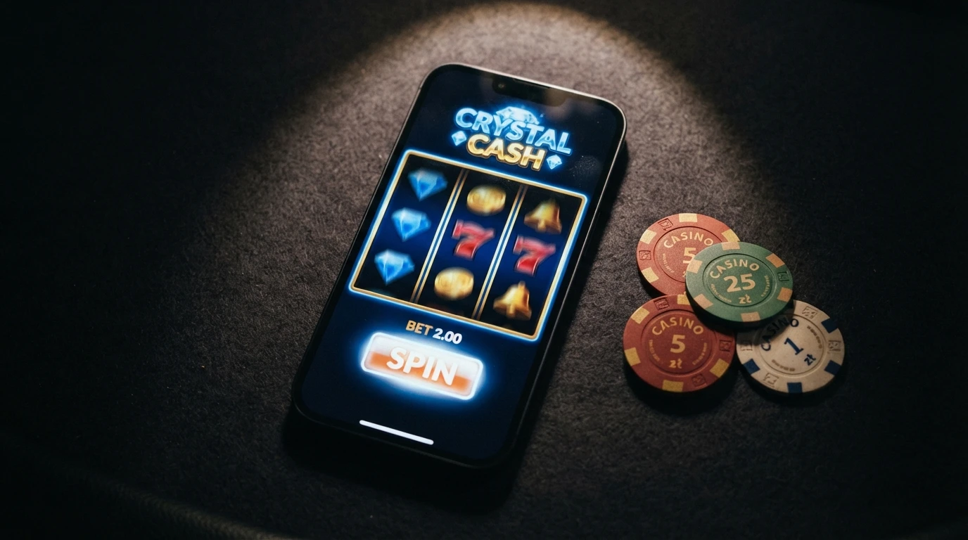 Smartfon z uruchomioną grą kasynową na ekranie, obok leży portfel z odliczonymi banknotami 20 zł i 50 zł