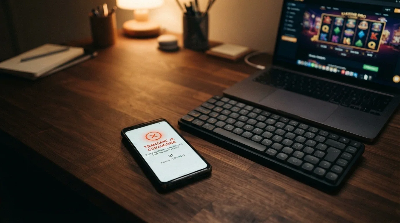 Otwarty Dziennik Ustaw z artykułem ustawy o grach hazardowych, obok niego leży klawiatura i smartfon z ekranem kasyna