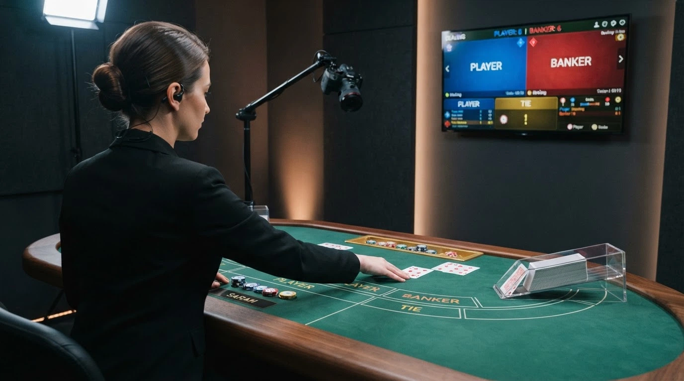 Krupier przy stole do bakarata w studio live casino, transmisja na żywo z widocznym ekranem z zakładami