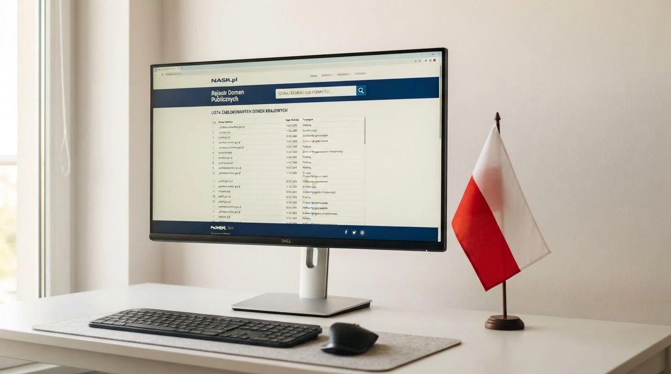 Ekran monitora z otwartą stroną Rejestru Domen hazardowych MF i logo Total Casino obok, na tle polskiej flagi