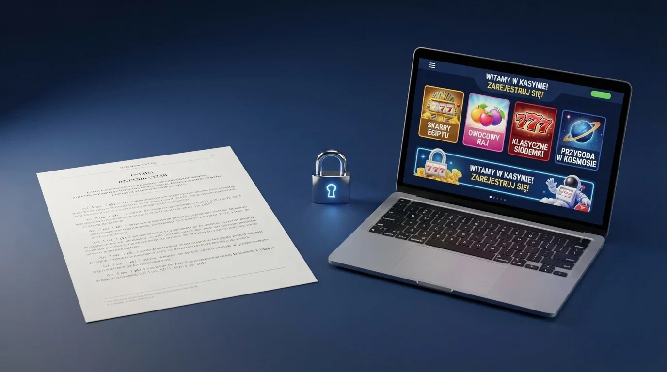 Fragment ustawy o grach hazardowych obok logo Ministerstwa Finansów i ekranu Total Casino — kontrast między jedynym legalnym kasynem a dziesiątkami zablokowanych domen