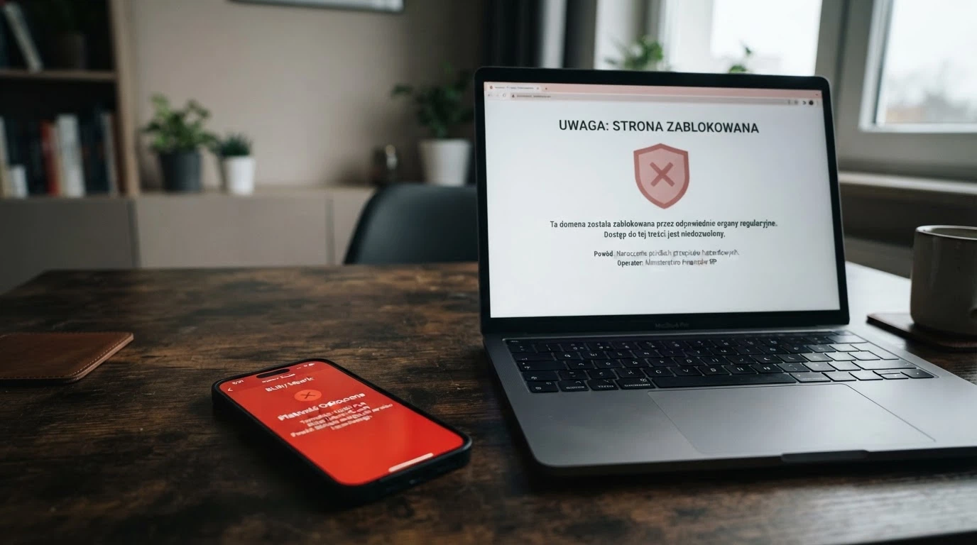 Dokument urzędowy z pieczęcią Ministerstwa Finansów obok ekranu zablokowanej domeny hazardowej z komunikatem ostrzegawczym