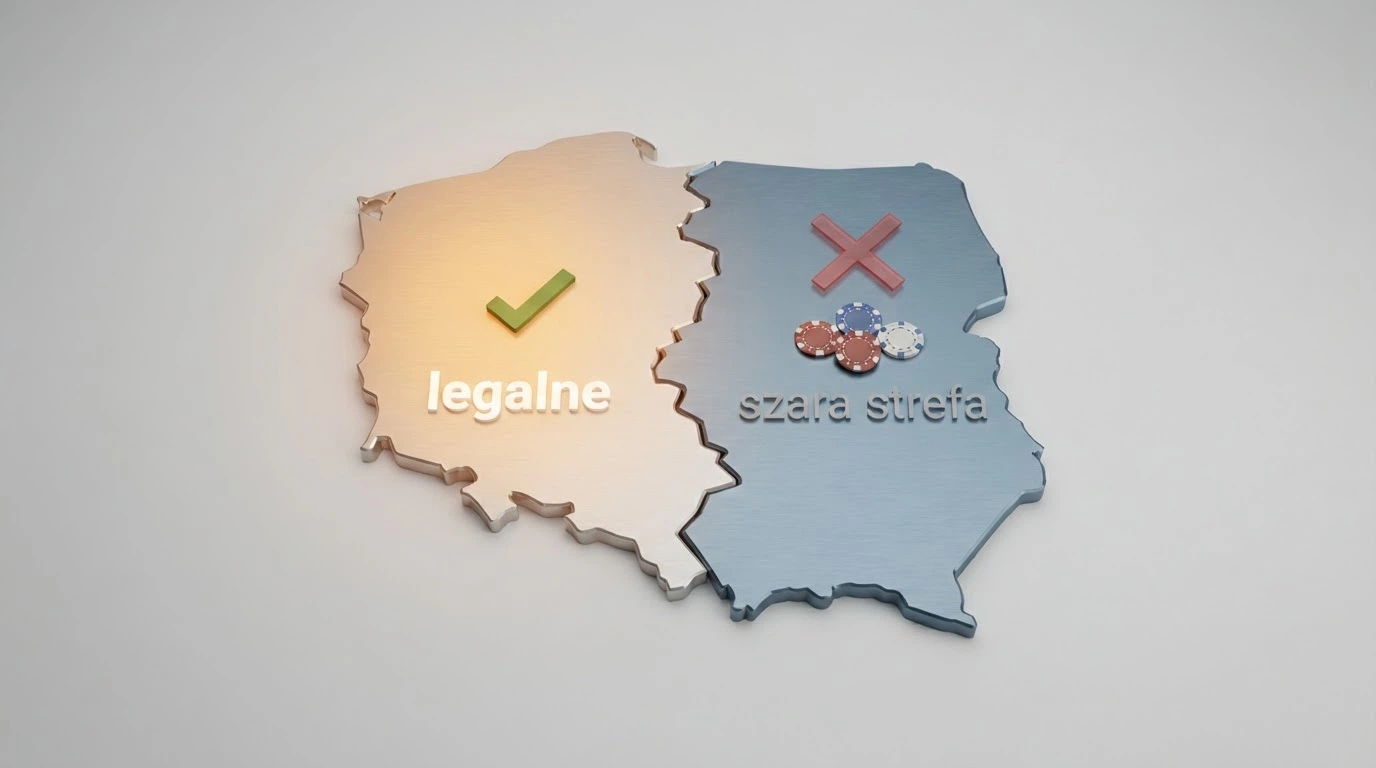 Mapa Polski podzielona na dwa obszary: jedną czystą stronę z logo Total Casino i napisem „legalne” oraz drugą, zacienioną, z kilkoma logami operatorów zagranicznych przekreślonymi czerwoną linią i napisem „szara strefa — blokada domen”