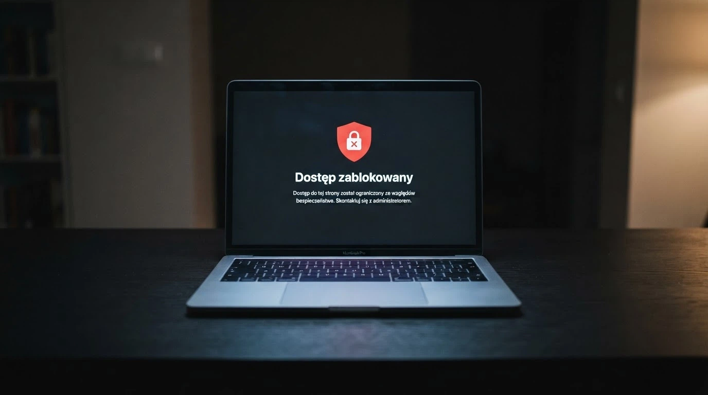 Paragraf ustawy o grach hazardowych obok ekranu zablokowanej domeny kasyna — komunikat o nielegalnym dostępie
