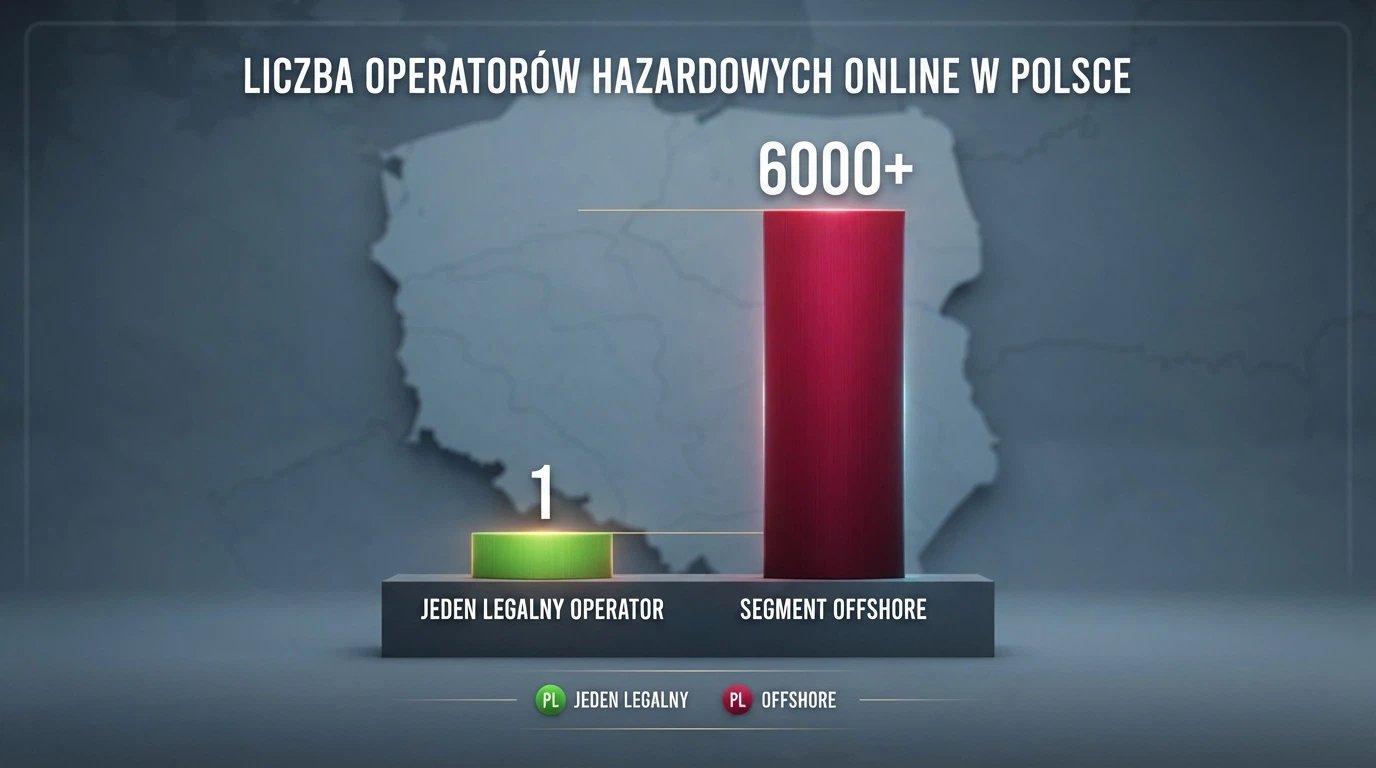 Dwie ścieżki na tle mapy Polski: jedna oznaczona tarczą „Total Casino — monopol państwa”, druga przekreślona „offshore — Curaçao/MGA” z ostrzegawczym wykrzyknikiem