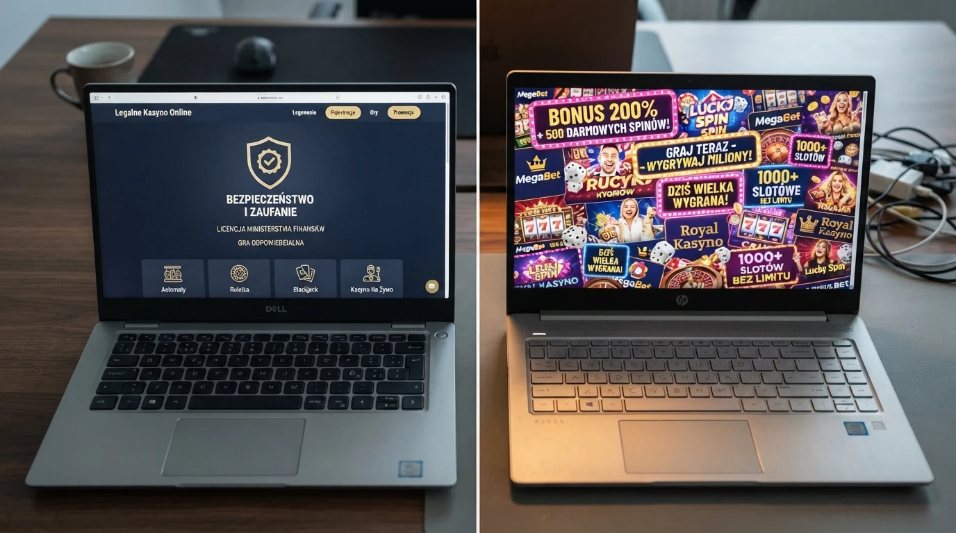 Podzielony ekran: po lewej uporządkowany interfejs z logo Total Casino i symbolem MF, po prawej chaotyczny kolaż logotypów kasyn offshore