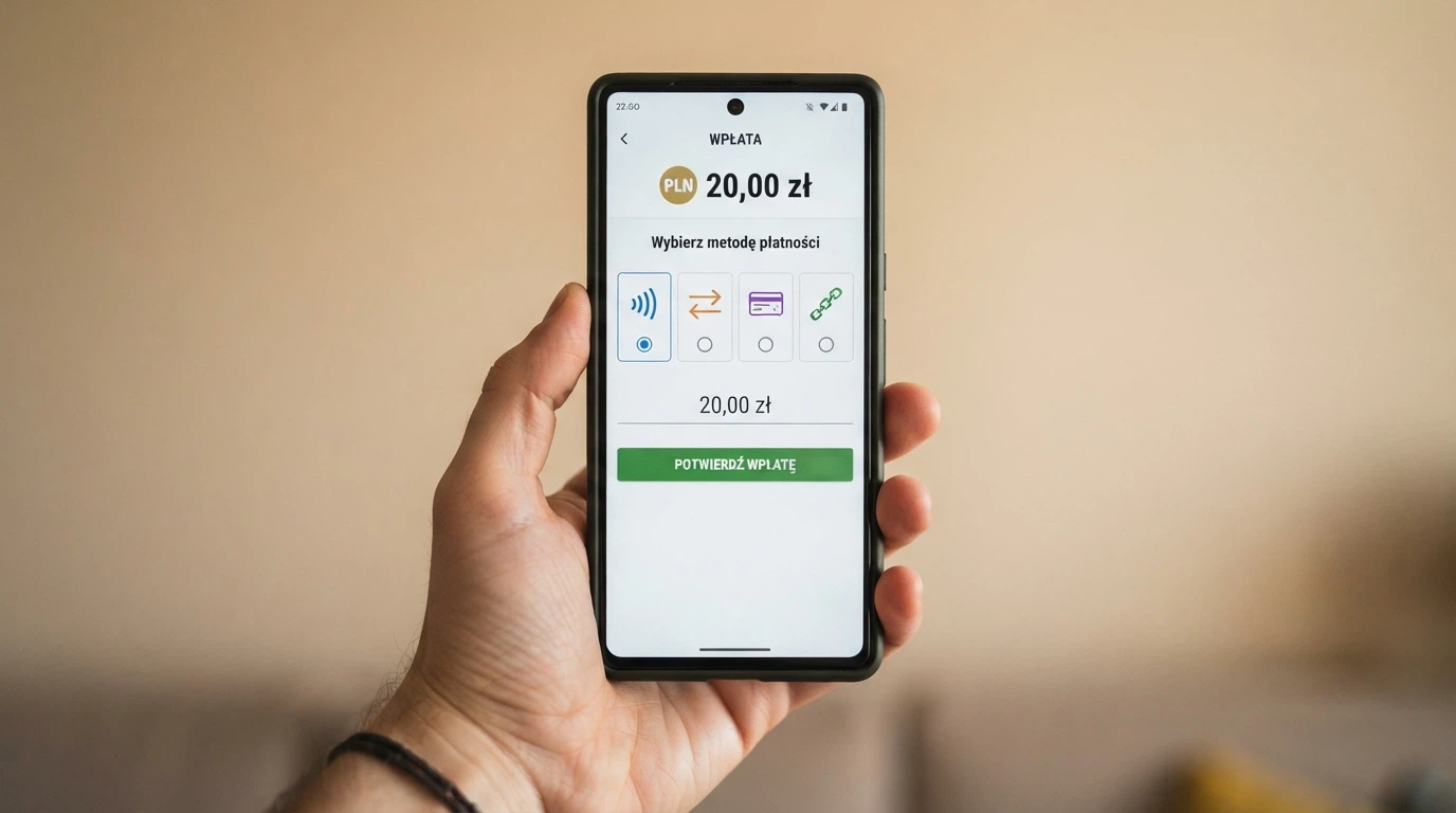 Ekran płatności w kasynie online pokazujący różne metody: BLIK, Visa, Mastercard, kryptowaluty i przelew bankowy, z polem kwoty ustawionym na 20 zł