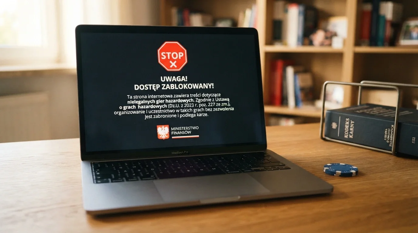 Dokument ustawy o grach hazardowych z zaznaczonym artykułem i pieczęcią Ministerstwa Finansów na biurku