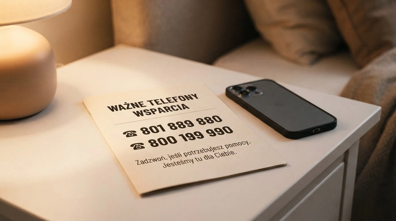 Ulotka z numerami telefonów zaufania (801 889 880, 800 199 990) i logo Anonimowych Hazardzistów, w tle zgaszony ekran telefonu