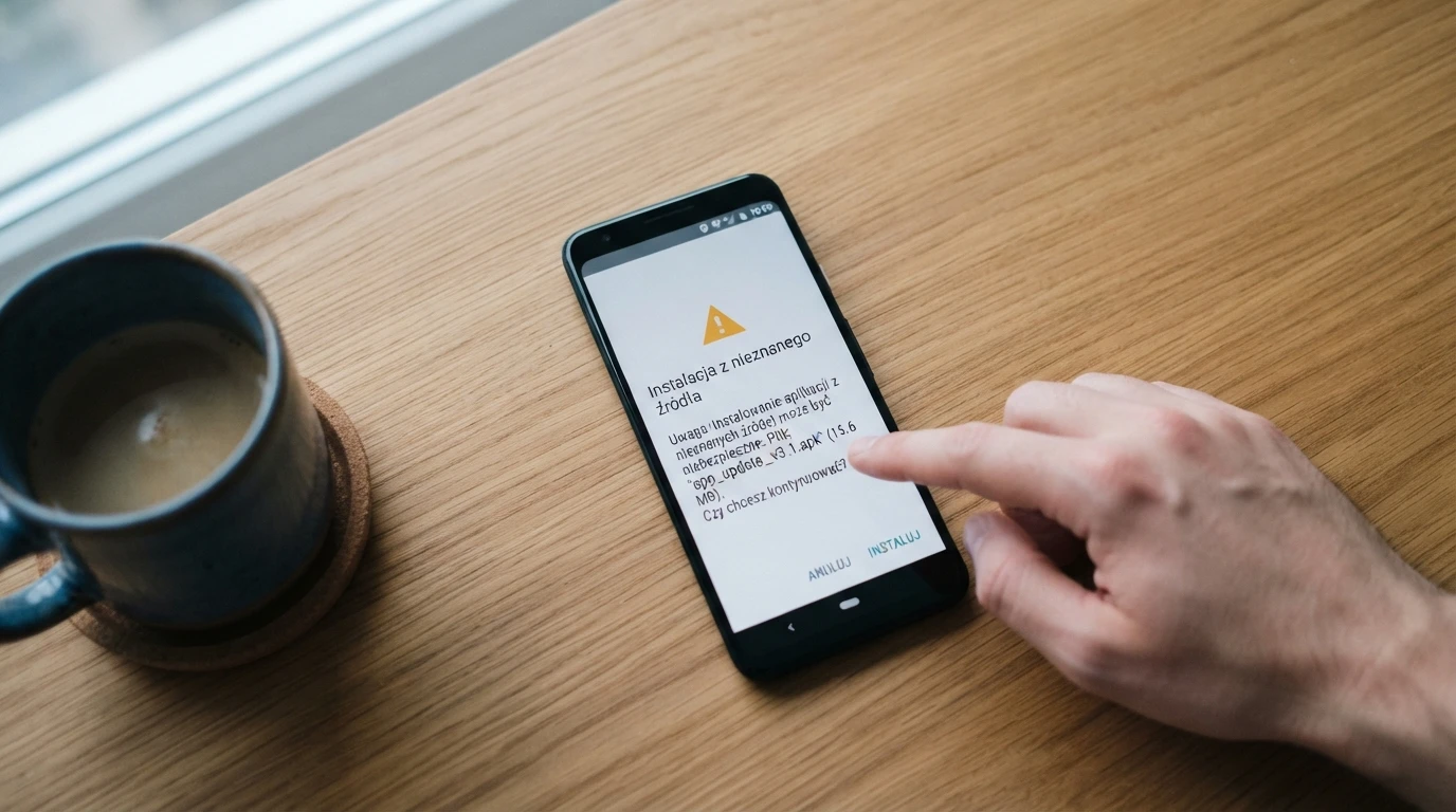 Ekran telefonu z Androidem pokazujący proces instalacji pliku APK spoza sklepu Google Play z komunikatem „nieznane źródła”
