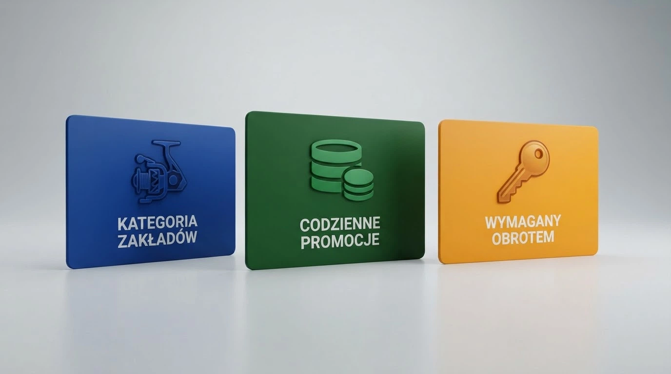 Trzy karty bonusowe ułożone obok siebie: darmowe spiny, bonus gotówkowy i kod promocyjny — każda z innym oznaczeniem wartości