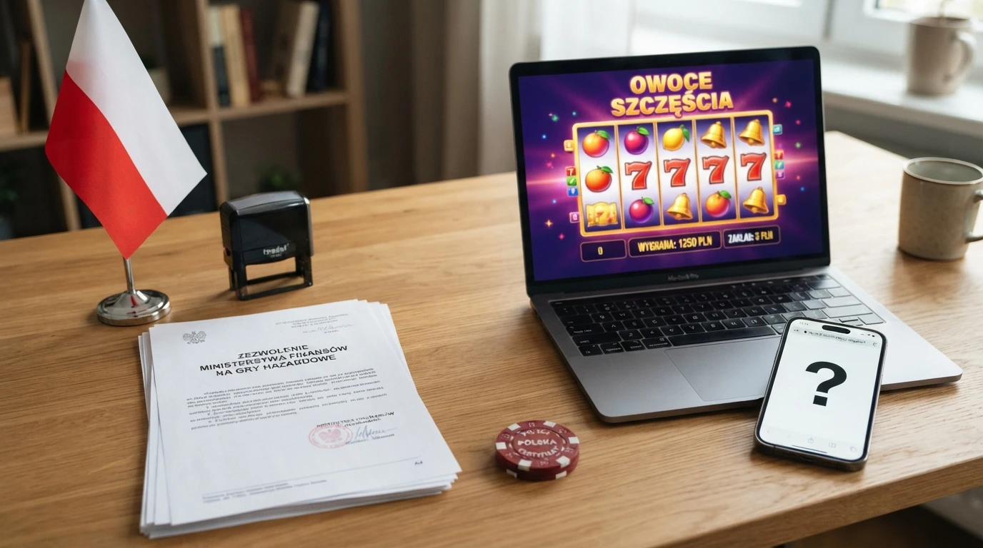 Zestawienie dokumentów — polska flaga i pieczęć MF obok ekranu Total Casino, a dalej ekrany zagranicznych platform z symbolami Curaçao i znakiem zapytania