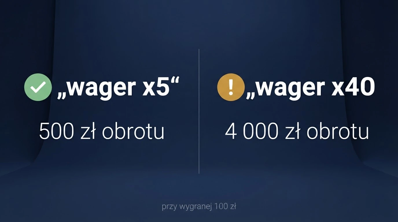 Zbliżenie na dwa ekrany z różnymi warunkami obrotu: jeden pokazuje wager x5, drugi wager x40