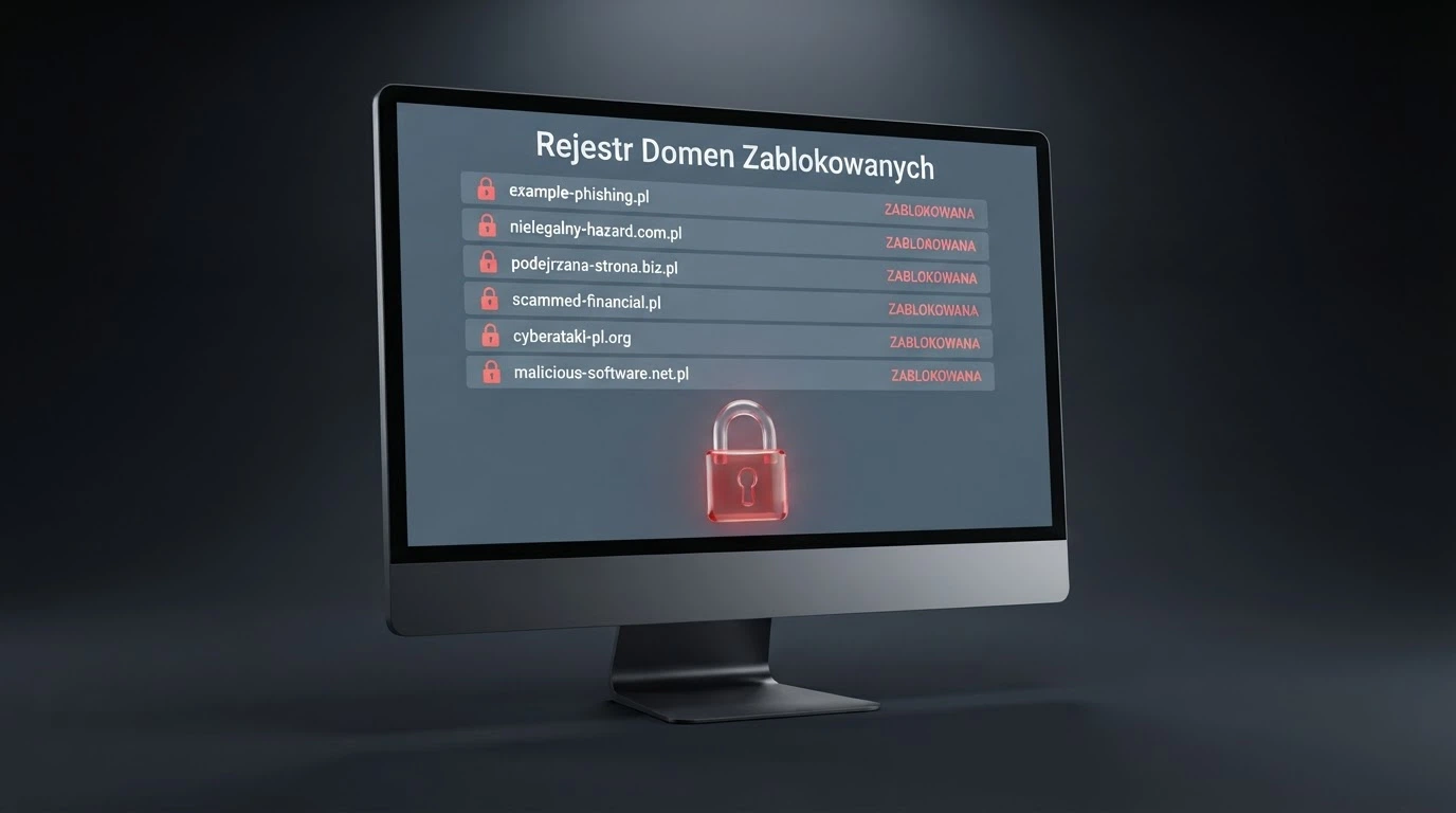 Ekran komputera z widoczną stroną hazard.mf.gov.pl — Rejestr Domen Ministerstwa Finansów, w tle symboliczna ikona zablokowanej płatności BLIK