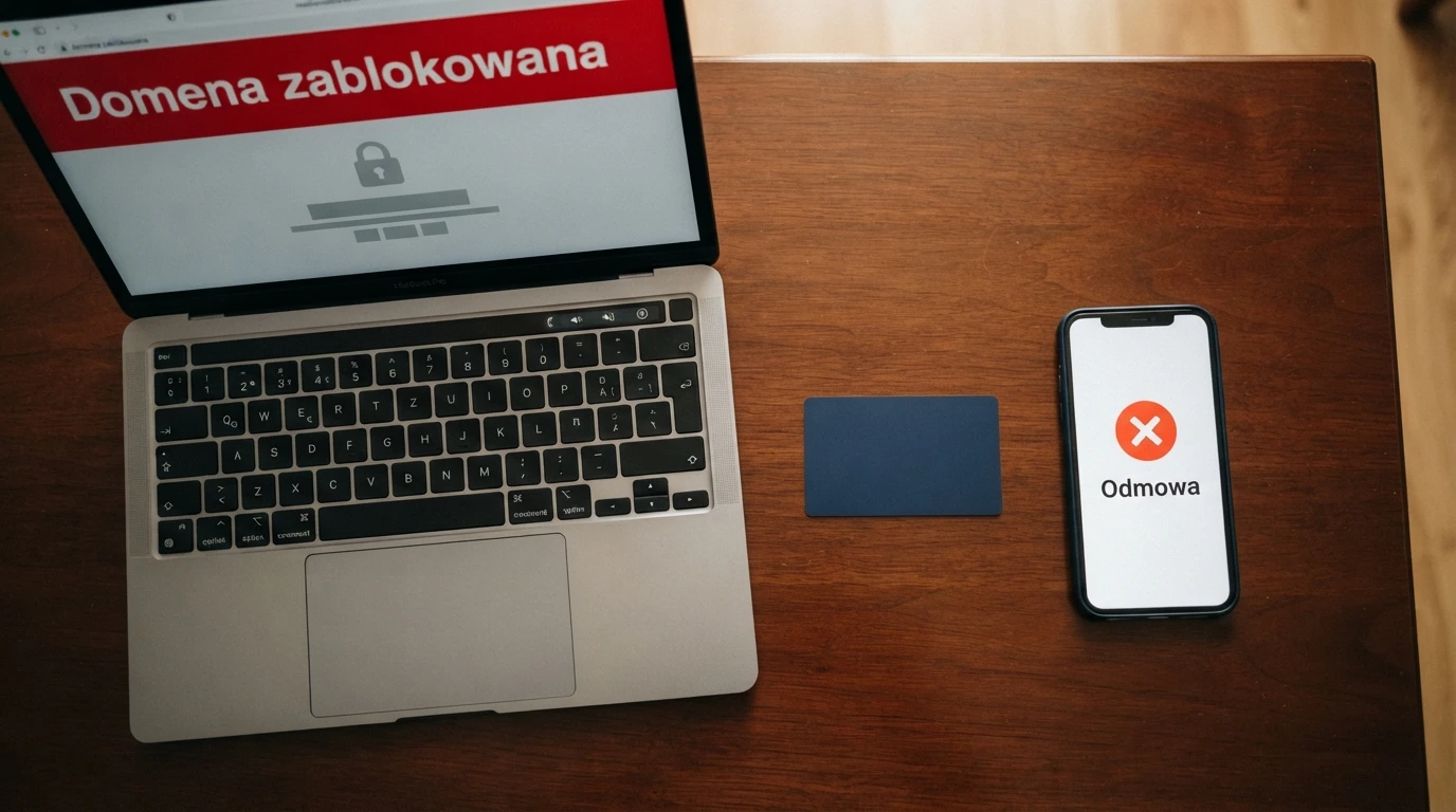 Fragment strony hazard.mf.gov.pl z widocznym paskiem wyszukiwania i licznikiem ~56 000 wpisów w Rejestrze Domen, obok ekran smartfona z komunikatem blokady BLIK