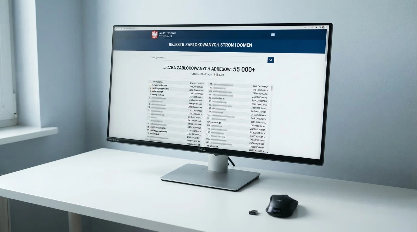 Ekran monitora z otwartą stroną Rejestru Domen Ministerstwa Finansów (hazard.mf.gov.pl) — widoczna lista zablokowanych domen i licznik wpisów