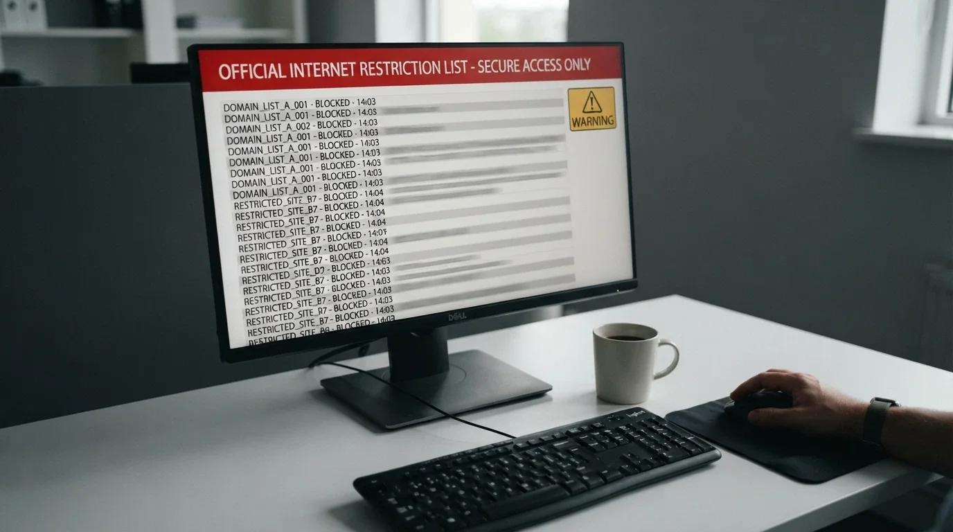 Ekran monitora wyświetlający Rejestr Domen Zakazanych Ministerstwa Finansów z listą zablokowanych stron hazardowych