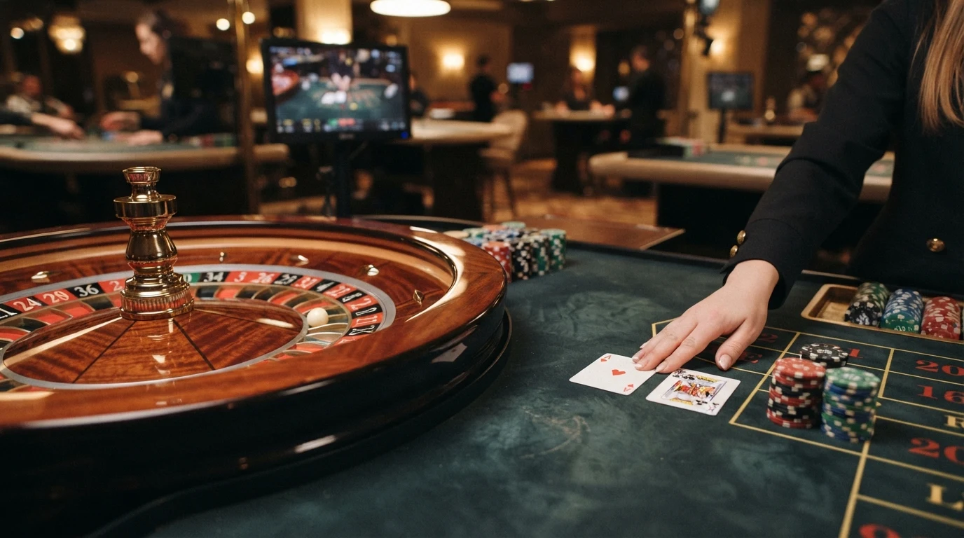 Zbliżenie na koło ruletki europejskiej i układ kart blackjacka przy stole z krupierem na żywo