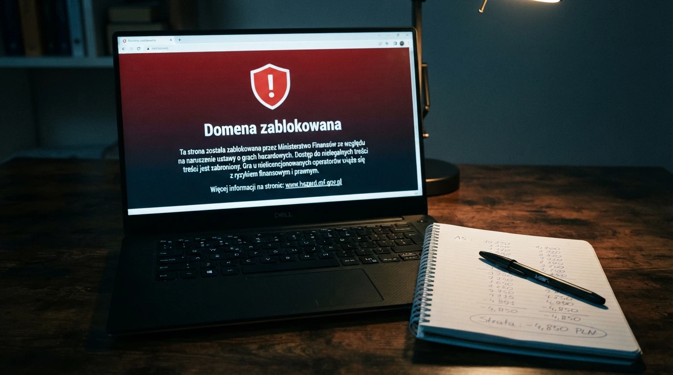 Ostrzegawczy ekran przeglądarki z komunikatem MF o blokadzie domeny hazardowej, obok paragraf i kalkulator