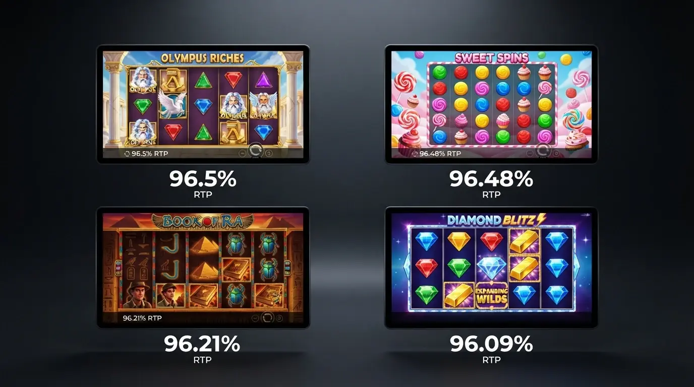 Cztery popularne automaty — Gates of Olympus, Sweet Bonanza, Book of Dead, Starburst — na ekranach urządzeń