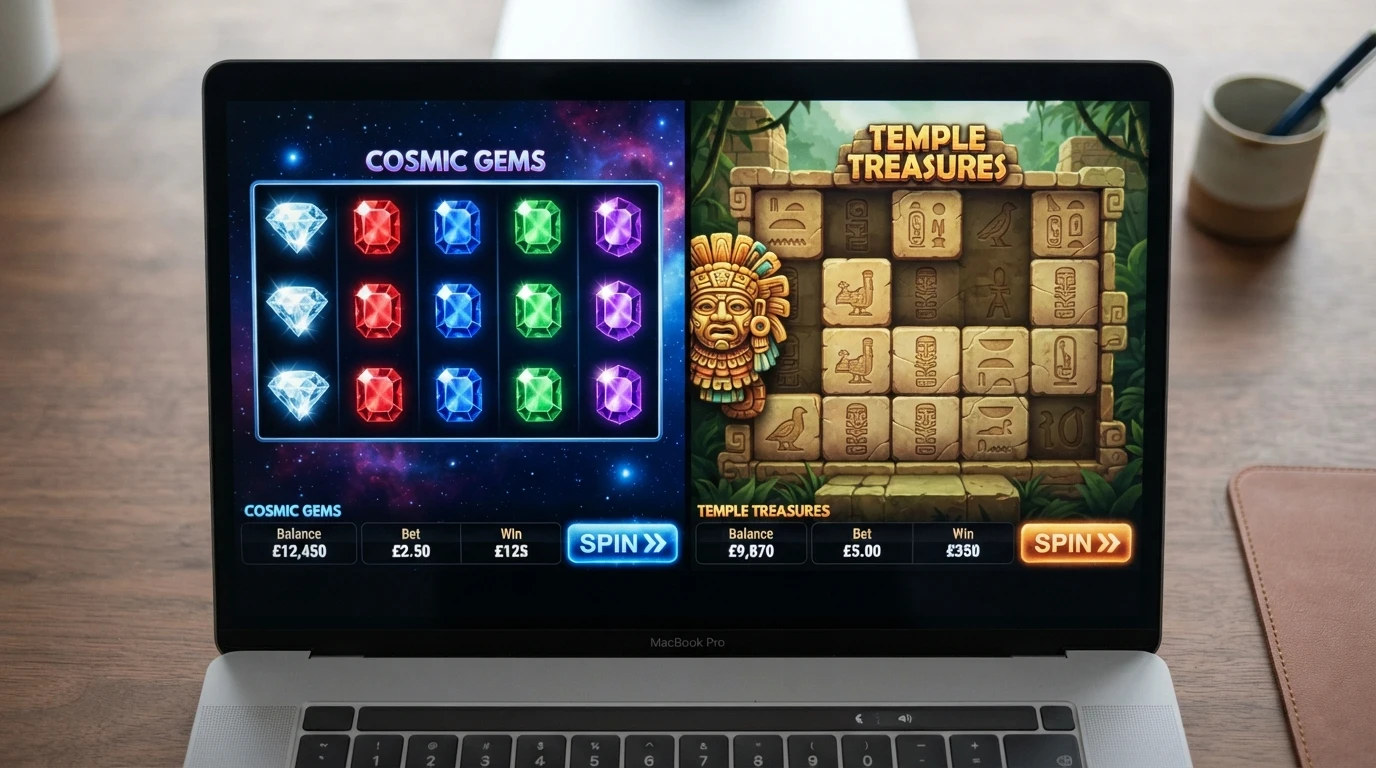 Sloty NetEnt Starburst i Gonzo's Quest na ekranie — widoczne symbole, bębny i pole zakładu