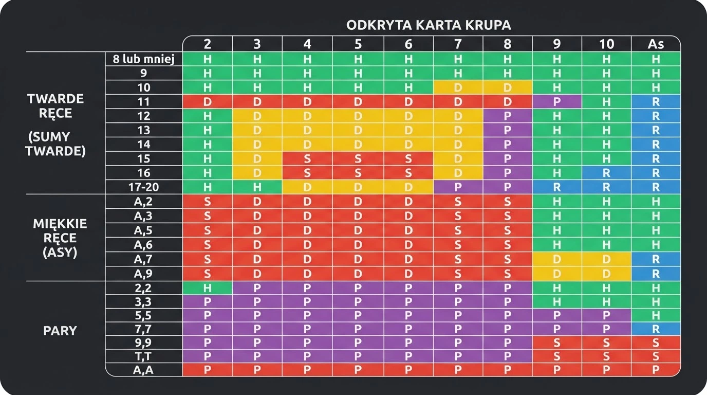 Tabela strategii podstawowej blackjacka z kolorowym oznaczeniem optymalnych decyzji dla każdej kombinacji kart gracza i krupiera