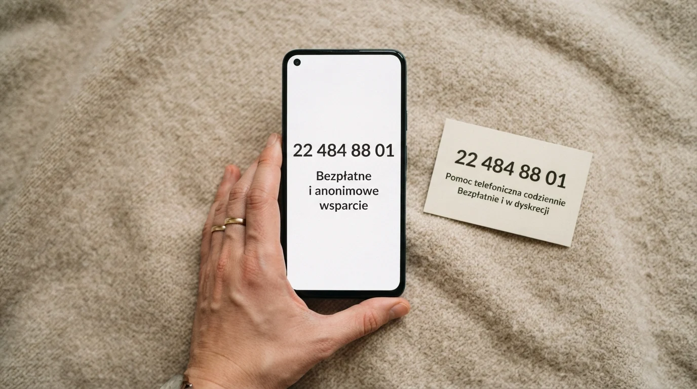 Osoba trzymająca smartfon z wyświetlonym numerem Telefonu Zaufania KCPU 800 199 990 i kartą z informacją o bezpłatnej pomocy