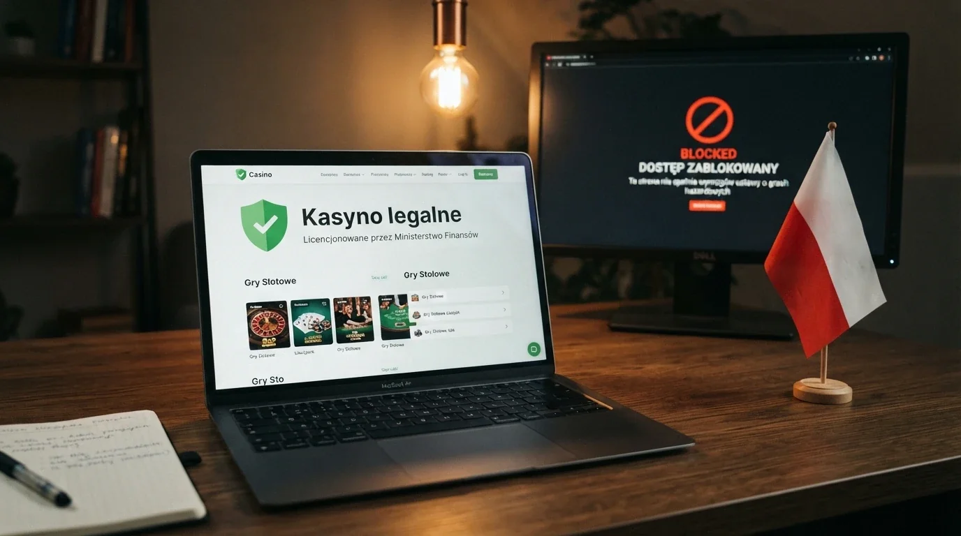 Logo Total Casino na ekranie urządzenia obok dokumentu z pieczęcią Ministerstwa Finansów i symbolem polskiej flagi — kontrast między legalnym operatorem a ekranem zablokowanej domeny offshore w tle