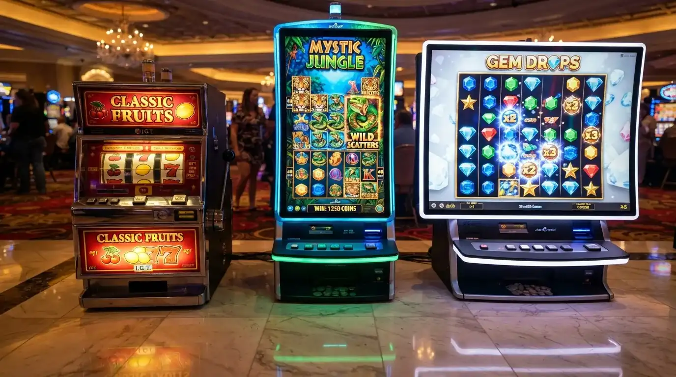 Zestawienie trzech typów automatów obok siebie: klasyczny slot z owocami na 3 bębnach, nowoczesny video slot z animacjami i slot Megaways z kaskadowymi symbolami