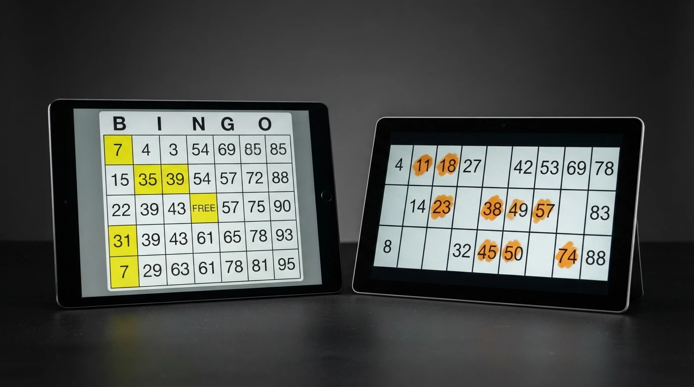 Dwie plansze bingo obok siebie: kwadratowa 5×5 z numerami 1–75 oraz prostokątna 3×9 z numerami 1–90, każda na innym kolorze tła interfejsu kasyna