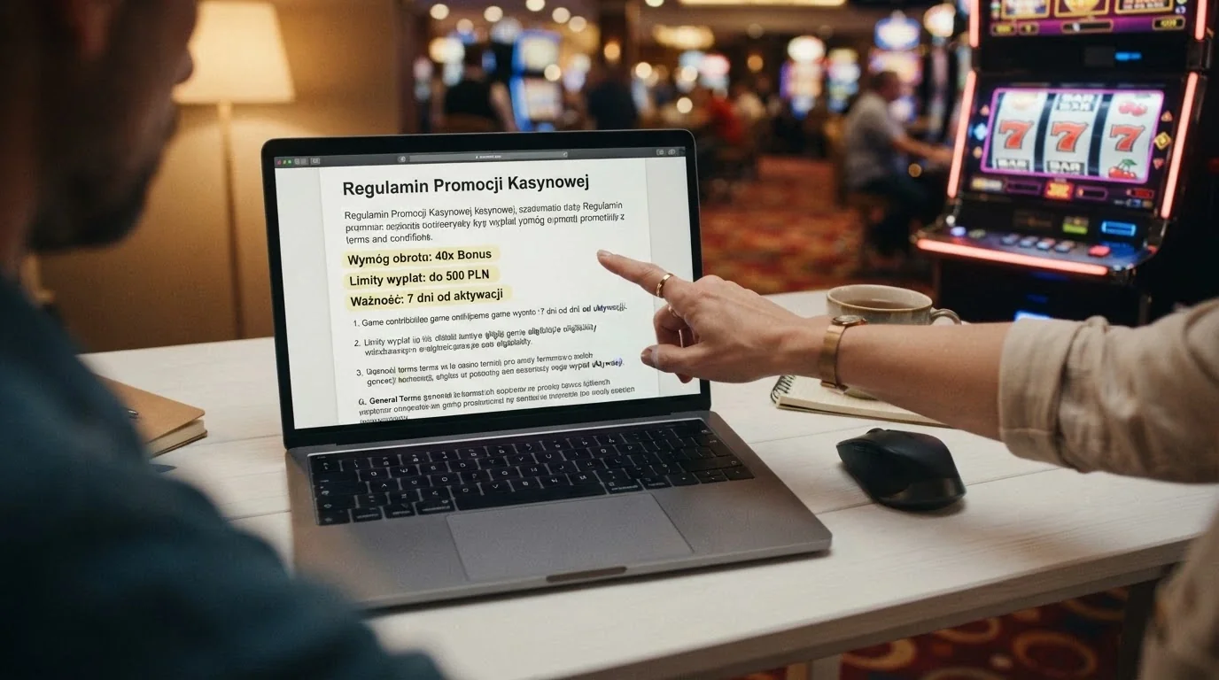 Zbliżenie na fragment regulaminu promocji kasyna z podkreślonym warunkiem obrotu x40, limitem wypłaty i datą ważności — dokument na ekranie monitora obok otwartego automatu